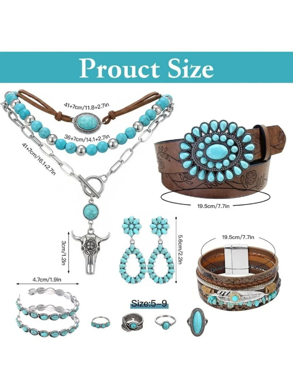 19 Pcs Boho Turquoise Jewelry Set, Leather Belt, Dangle Earrings, Stackable